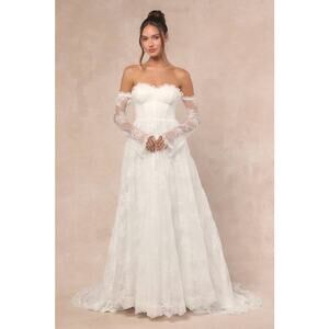 NWT Lulus Maurine White Lace Off-the-Shoulder Bustier Bridal Dress Wedding Sze M